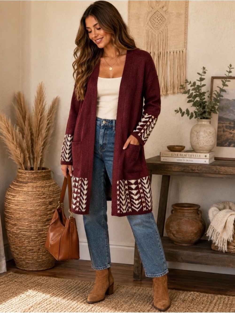 FRYE Dark Red Southwestern Intarsia Open Front Longline Cardigan Sweater M